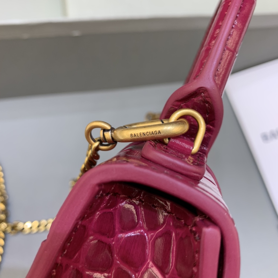 Balenciaga Hourglass Mini Handbag With Chain Crocodile Embossed Shoulder Bag Dark red